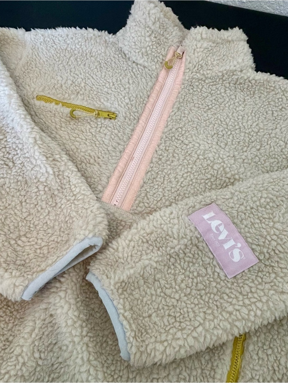 Levi's Cream Sherpa Oversized Pullover with Pink Trim and Gold Hardware